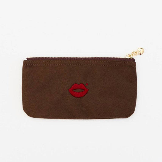 Pout Pouch velvet makeup pouch chocolate with red lip logo