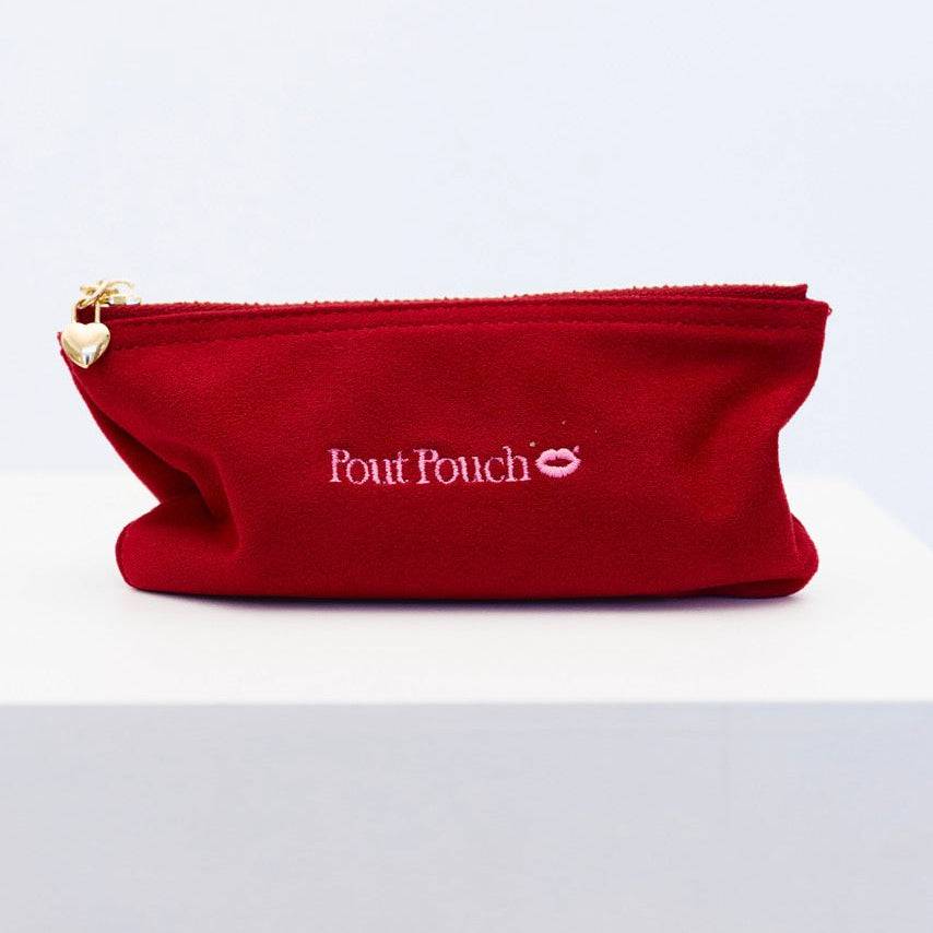 Cherry red Pout Pouch velvet makeup pouch side view