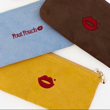 Pout Pouch velvet makeup pouch colours powder blue mustard and chocolate