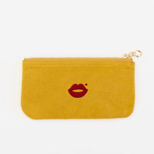 Pout Pouch velvet makeup pouch mustard with red lip logo