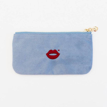 Pout Pouch velvet makeup pouch powder blue with red lip logo