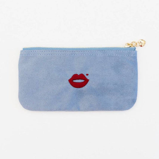 Pout Pouch velvet makeup pouch powder blue with red lip logo