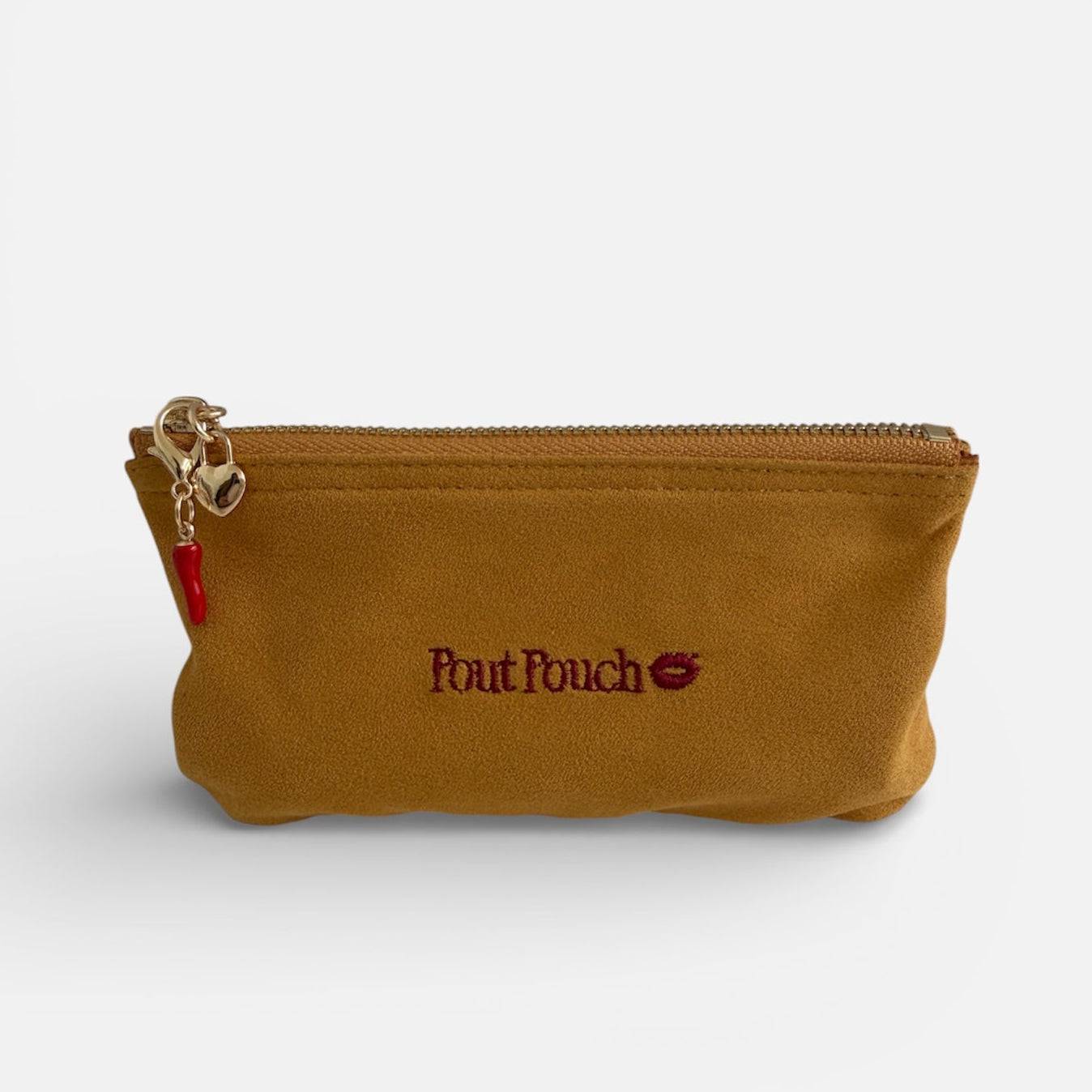 Red chilli charm clipped onto mustard Pout Pouch zipper